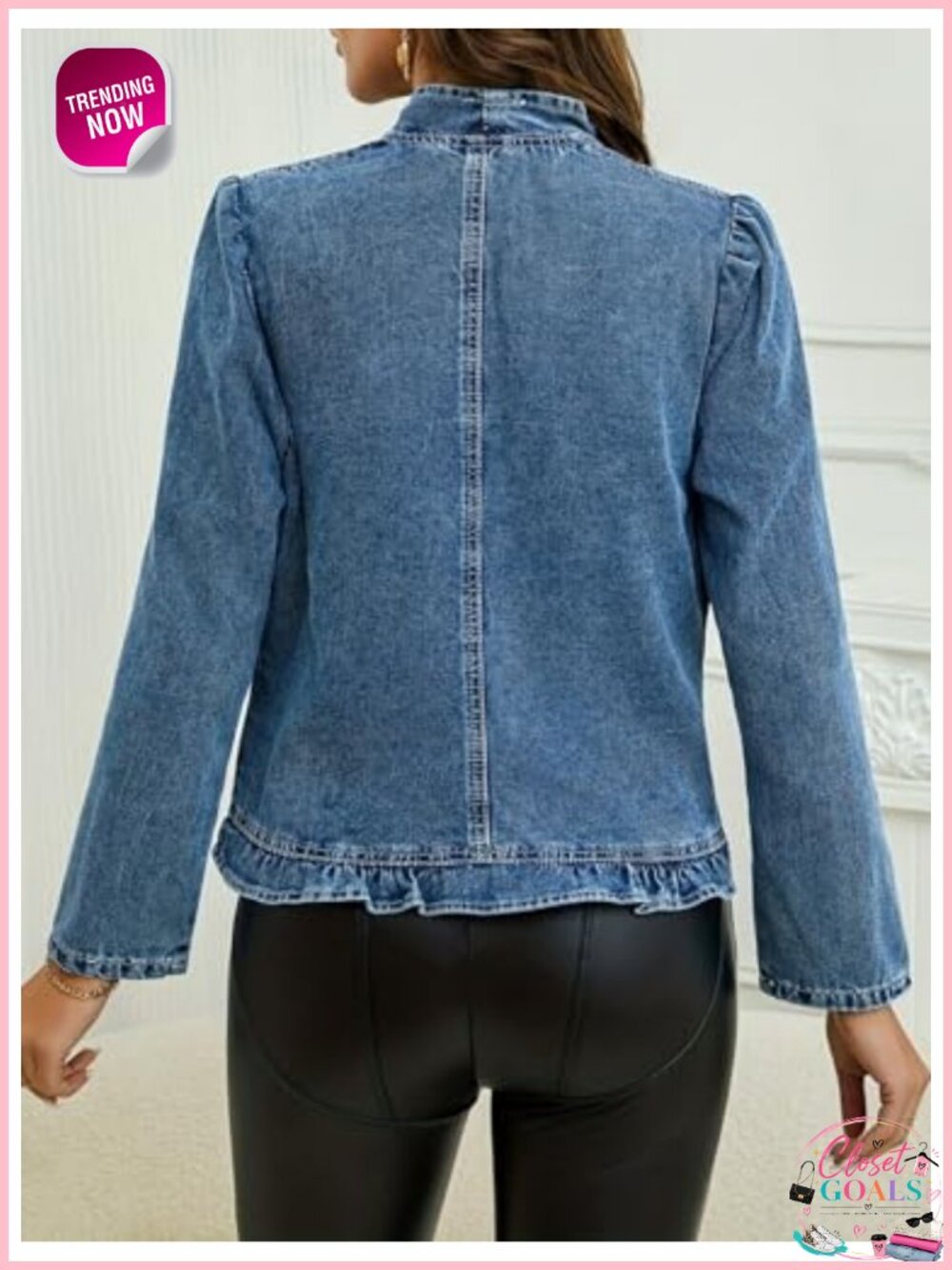 Ruffled Denim Jacket Womens Cropped Open Front Long Sleeve Jean Coat - Picture 3 of 4